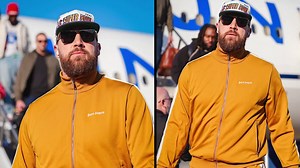 Travis Kelce arrives in New Orleans ahead of Super Bowl wearing four-figure gold tracksuit