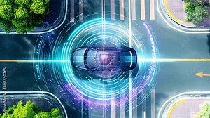 Top view Autonomous car sensors to control the car in safe driverless mode. Vehicle detection Stock Video