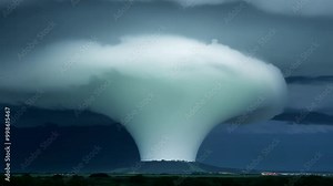Massive supercell storm cloud developing over a rural landscape, casting an ominous glow on the horizon, hinting at severe weather with wind, rain, hail, and lightning