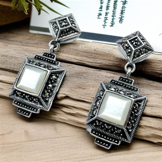 Vintage Judith Jack Mother of Pearl 1980's Art Deco Earrings, Marcasite Gray Graphite Gemstone Sterling Silver Jewelry, Valentines Day Gift - Etsy