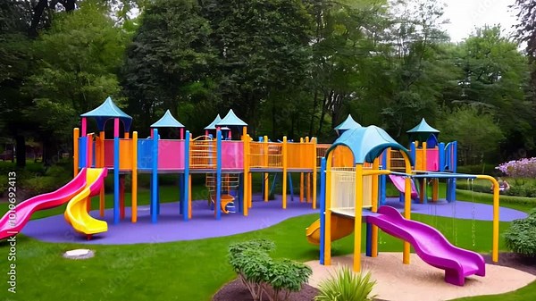 Animation children playground park with slides and swings. seamless 4k video looping background. Stock Video