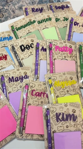 Celebrate the compassion, patience, and heart that goes into caring for our furry (and sometimes feisty!) friends. This personalized sticky note holder with a matching engraved pen is the perfect desk accessory for any vet tech, kennel staff member, groomer, rescue volunteer, or animal hospital receptionist. Thoughtful, functional, and beautifully made — it’s a daily reminder that what they do truly matters. Each holder is custom engraved with your chosen name and delicate paw print accents, mak