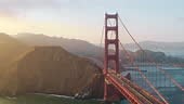 Aerial shot of the Golden Gate Bridge in San Francisco at sunset....