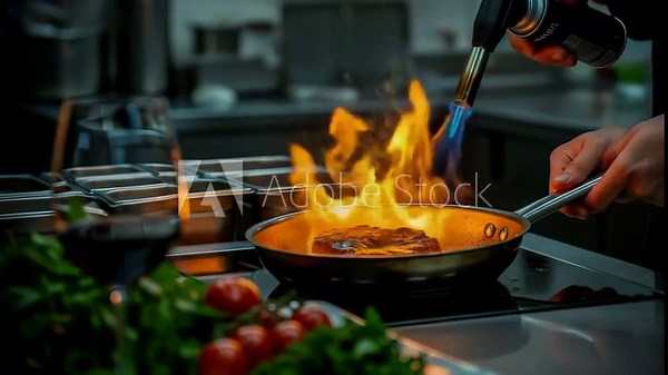 Seared steak frying pan with open flame, chef using torch professional kitchen, vibrant dramatic cooking and searing scene, food preparation by chef