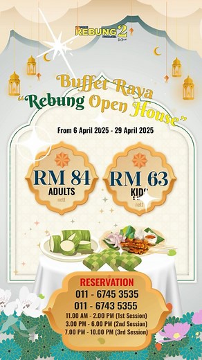 🌿✨ BUFFET OPEN HOUSE RAYA KINI DIBUKA!✨🌿 Hi semua! 🎉 Jom raikan kemeriahan Aidilfitri bersama Buffet Rebung Open House Raya di **Restaurant Rebung 2 Chef Ismail, Putrajaya! 🌙🍽️ Nikmati pelbagai hidangan istimewa Raya yang menyelerakan, dari rendang, lemang, ketupat hingga pelbagai juadah tradisi yang pasti menggamit memori! 🤩 📅 Tempoh Buffet: 6 April - 29 April 2025 🕰️ Pilihan 3 Sesi: 🍽 Sesi 1: 11.00 AM - 2.00 PM 🍽 Sesi 2: 3.00 PM - 6.00 PM 🍽 Sesi 3: 7.00 PM - 10.00 PM Jangan lepaskan