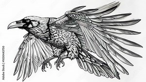 A black and white drawing of a raven in flight with its wings spread wide