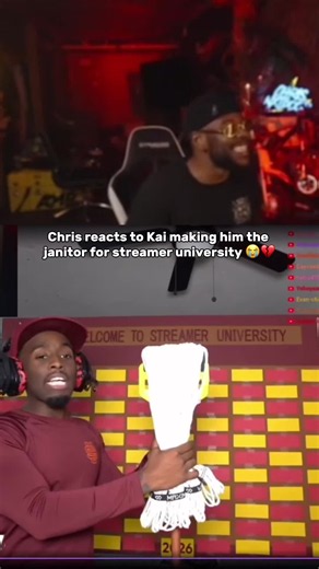 Chris reacts to Kai making him the janitor for streamer university 😭💔 #fyp #viral #kaicenat #chrisnxtdoor #streameruniversity