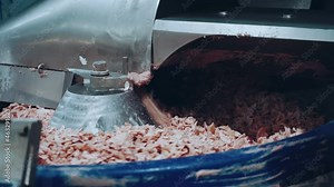 The working process of a meat grinder at a meat processing plant