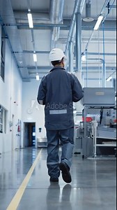 Vertical Screen: Asian Male Walking Next to Manufacturing Machines at a Factory and Using Laptop Computer. Industrial Engineer Monitoring Workflow, Carrying Out Quality Control Operations. Backview