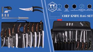 XYJ Professional Kitchen Knife Set with High-Carbon Steel Forged Blades, Chef's Knife, Cleaver, Carving Knife, Nakiri, Full Tang Design, Includes Carrying Bag & Poultry Scissors