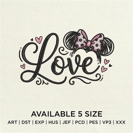 Love Embroidery Design with Cute Bow, Romantic Script Heart Embroidery File,  Machine Embroidery Instant Download