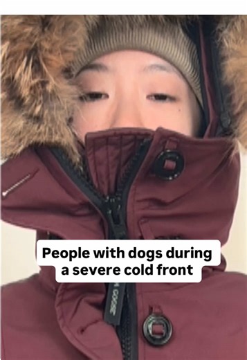 Not pictured: Charlie sniffing one spot for 5 minutes while the wind tries to blow me down the street 💀 stay warm fam 💀💀 | Accessibility caption: In the first clip (captioned “people without dogs during a severe cold front,” an Asian girl is cozy in bed and reading a book, staying warm while an overlaying audio describe describes a severe cold front taking place. In the next clip (captioned “people with dogs,” the girl is putting on layers of clothing and a heavy winter jacket, zipping it all
