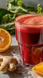 Jus Détox : Betterave, Orange & Gingembre Le "Power-Up" rubis pour purifier le sang et booster l'immunité Ce jus est une véritable bombe nutritionnelle. La betterave, avec son goût de terre sucré, est réputée pour ses vertus détoxifiantes sur le foie et sa capacité à améliorer la circulation sanguine. L'orange vient casser cette densité avec son acidité et sa richesse en vitamine C, créant un équilibre parfait entre douceur et fraîcheur. Le gingembre, quant à lui, apporte cette note piquante qui