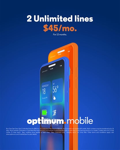 66 reactions · 13 comments | Opt in to Optimum Mobile to get 2 Unlimited lines for only $45/mo. Save up to $920 vs Verizon and AT&T | News 12 | Facebook