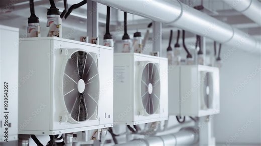 Modern hvac units and industrial cooling systems lined up in a row, featuring numerous fans, pipes, and machinery connected for efficient climate control within a large building