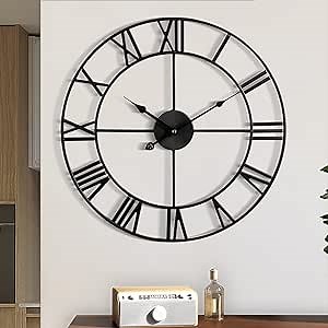 1st owned 16 inch Wall Clock - Metal Retro Roman Numeral Wall Clock, Almost Silent, Easy to Read for Living Room Decor/Home/Kitchen/Bedroom/Office/School(Black)