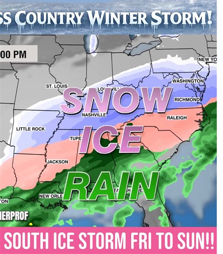 ⚠️ Highly Disruptive Cross Country Winter Storm late week-weekend! ⚠️ Deep South Ice Storm appears likely. The real question is how far south the ice gets. An extremely cold airmass with a near record Canadian High Pressure will drop south & undercut a strong-moist subtropical jet stream. This combo will bring a long swath of snow and ice accumulation from the Rockies to the Southeast / Mid-Atlantic Coast. Stay tuned for details. #storm #snow #ice #weather #fyp
