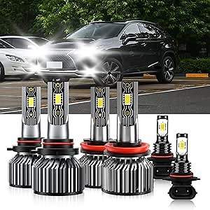 Compatible For Lexus RX330 2004-2006 9005 H11 High/Low Beam 9005 Fog Light Bulbs, 600% Brightness 6500K White with Cooling Fan, Plug and Play, IP68 Pack of 6