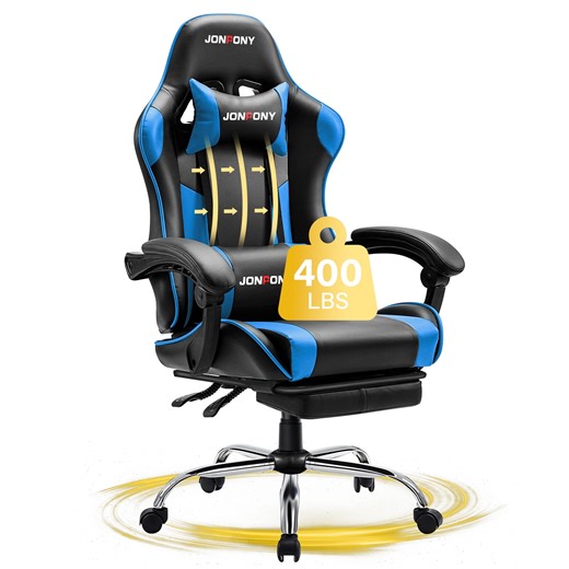 JONPONY Big and Tall Gaming Chair, Ergonomic Design, Gamer Chair PU Leather with Footrest and Lumbar Support, High Back Office Chair Support 8 Hours Long Sitting, Computer Chair,Black Blue