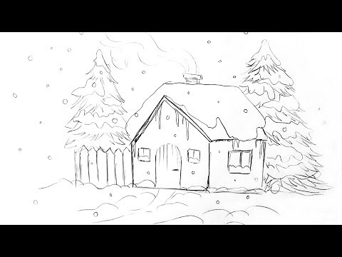 Desen in creion cu peisaj de iarna cu brazi si casuta | Winter landscape pencil drawing tree & house