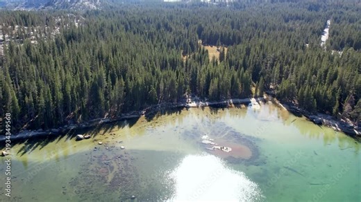 Aerial Drone View of Yosemite Mountain Lake and Forest
