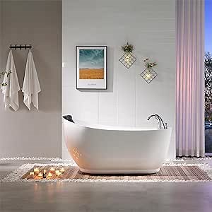 Empava 59 Inch Acrylic Freestanding Whirlpool Tub, Hydromassage Gracefully Oval Shaped Whirlpool 7 Water Jets Soaking SPA, Lumbar and Neck Support, Black Pillow, ETL Certified, White
