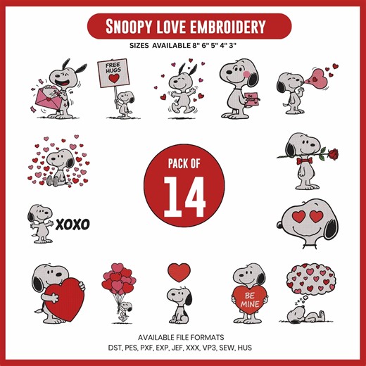 Snoopy Love Embroidery Designs, Hearts PES Pattern, Valentine's Day (instant Download) - Etsy