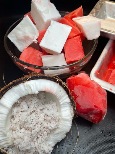 Coconut Ice Block 1 cup coconut milk 4 tbs coconut powder ( optional) 3 cups water 1 cup sugar 1/2 tsp essence dash coco bitters food color Method As Shown ENJOY #childhoodfun #coconutrecipe #icetreats | Jenny’s Wok