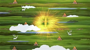 Visualization of the cuckoo bird fairytale of nenets people of the far north. Scene. Cartoon animation of the flying bird on natural background.