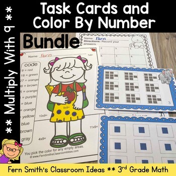 Multiply With 9 Color By Number Worksheets and Task Cards for Third Grade Bundle