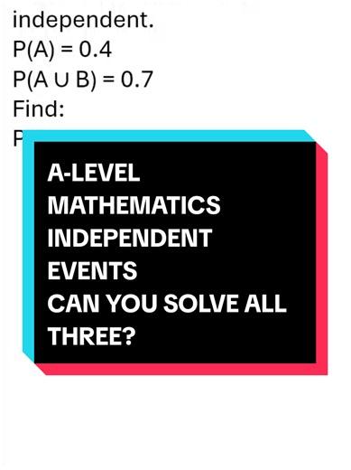 A-Level Statistics: Independent Events The events A and B are independent. P(A) = 0.4 P(A ∪ B) = 0.7 Can you find: P(B) P(A′ ∩ B) P(B′ | A) Follow Maths Motion by Mr K for more A-Level Maths questions and worked solutions. A Level Statistics, independent events, probability of independent events, union of events, conditional probability, probability formulas, A Level probability, GCE A Level Maths, Edexcel A Level Statistics, UK A Level Maths, Maths revision, Maths Motion by Mr K #ALevelMaths #A