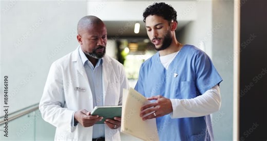Doctors, handshake and men with file, hospital and preparing for medical procedure with information. Clinic, surgeon and advice for treatment plan with patient report, shaking hands and collaboration