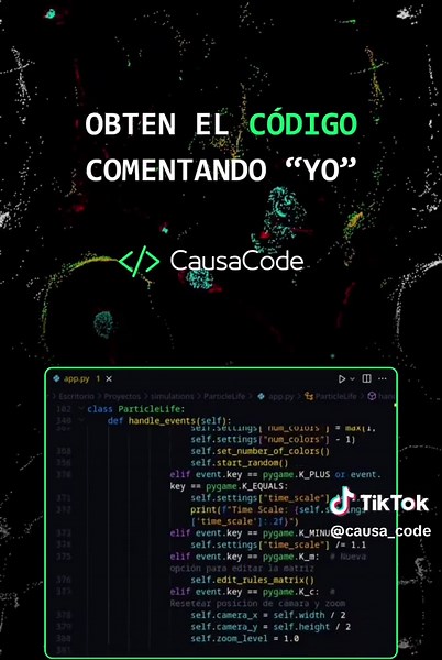 Particle Life: Observa como la vida emerge del caos. reglas simples de atracción y repulsión generan patrones muy complejos. Escribe