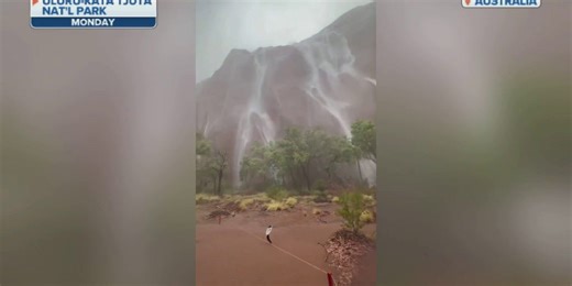 Watch: Heavy rain creates rare waterfalls over massive rock in Australia