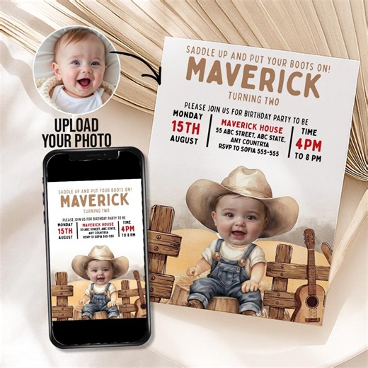 Cowboy First Birthday Invitation, Custom Photo Printable Southwest Party Invite Editable Digital Template - Etsy