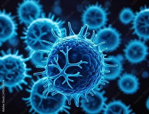 Viruses and leukocytes on a blue background under a microscope, Virus Cells flowing concept. Close-up of dissolving virus under microscope, Microscopic view of floating influenza virus cells, cell bio