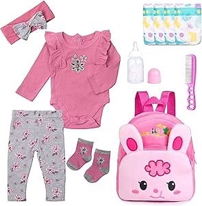 11 Pcs Reborn Baby Doll Clothes Girl 20-22 Inch Newborn Baby Outfits and Diapers Bag Backpack Accessories, Babies Pretend Play Set