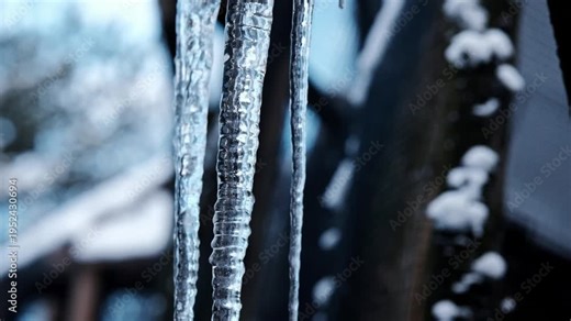 Impressive large icicle formation in extreme cold weather conditions in the depth of winter in Europe