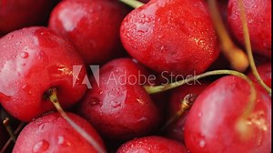 Cherries macro in shop, Cherry background. Fruit background. Wet cherry with leaves and drops.