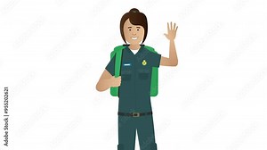 2D Illustrated female paramedic first responder vector character waving hand and smiling animation. On white background.