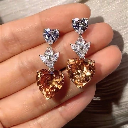 Sayabling 22ctw Heart Cut Champagne Sapphire Drop Earrings
