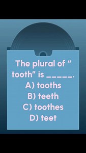 🦷✨ English Vocabulary Quiz! ✨🦷 Question: The plural of “tooth” is _____. 🤔 A) tooths B) teeth ✅ C) toothes D) teet 💡 Tip: Some English nouns are irregular plurals, which means they don’t just add “-s” or “-es.” Example: Tooth → Teeth 🦷 Foot → Feet 👣 Child → Children 👦👧 Keep practicing to master irregular plurals with English Planet 🌍! 🚀 #englishquiz #vocabulary #plurals #learnenglish #englishpractice #englishplanet #englishplanet786 #learnenglish #englishlearning #englishlearning #shor