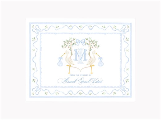Stork Crest Note Cards | Custom A2 Folded Blue Baby Shower Stationery With Envelopes - Etsy