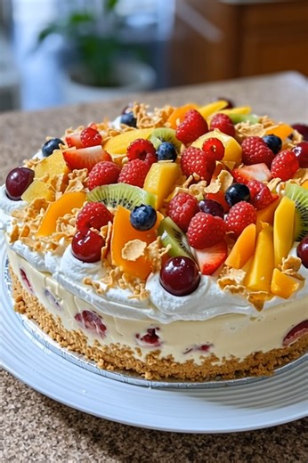 🍍🍒 Tropical Fruit Salad Cheesecake Delight 🍒🍍 🧾 Ingredients For the Crust: 1 ½ cups vanilla wafer crumbs 2 tbsp butter, melted For the Filling: 1 (20 oz) can crushed pineapple, drained ¾ cup granulated sugar ½ cup cold water 2 envelopes unflavored gelatin 1 (8 oz) package cream cheese, cubed 1 ½ cups halved seedless grapes 1 (11 oz) can mandarin oranges, drained and halved 1 (10 oz) jar maraschino cherries, drained and roughly chopped 1 cup sliced fresh strawberries 2 kiwi fruits, peeled an