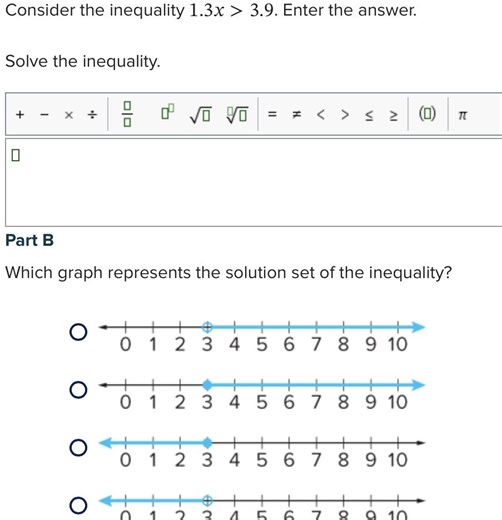Consider the inequality 1.3x > 3.9.Part A: Solve the inequali... | Filo