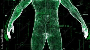 Digital binary code background and Virtual human body. Fly through abstract 3D rendering of a scientific technology data binary code network conveying connectivity, Stock Video