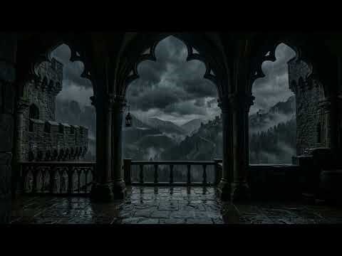 Dark Rain 🌧️ Surrounding A Gothic Castle While Ancient Stone Towers 🏰 Rise In Mist
