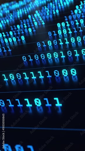 Binary code in a row, data processing, bit and byte, big data, datacenter, encryption. Computer, software, network server, data, blockchain, technology, machine learning, deep learning. 3D animation