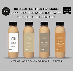 Editable Iced Coffee Bottle Labels Template Canva, Drinks Label Design, Tea Juice Bottle Label Stickers Printable, Custom Beverage Packaging - Etsy