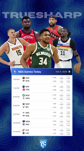 NBA SLATE FEBRUARY 4th 🔥 Download TrueSharp don’t miss any line movements!!! ##TrueSharp ##NBA##copsal
